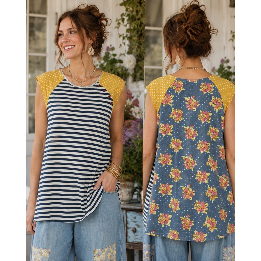 Matilda Jane L Mixed Print Tunic Top‎ Striped Floral Polka Dot Cottagecore Artsy